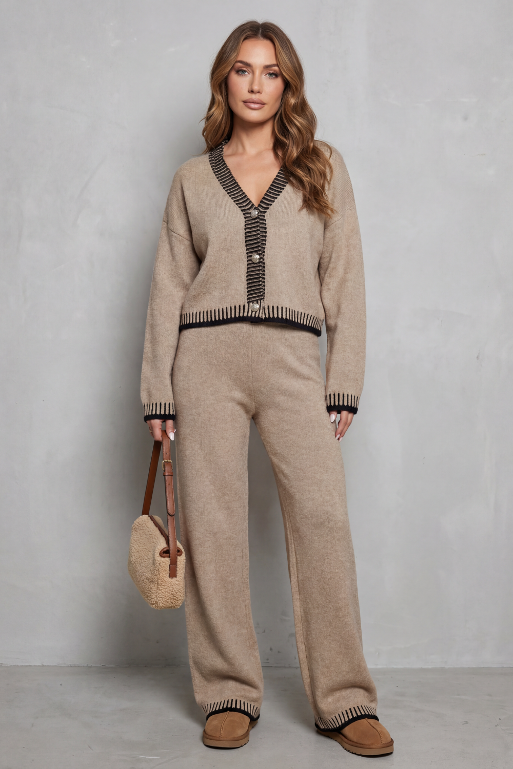 Women's Knit Lounge Set V Neck Button Cardigan Wide Leg Pants