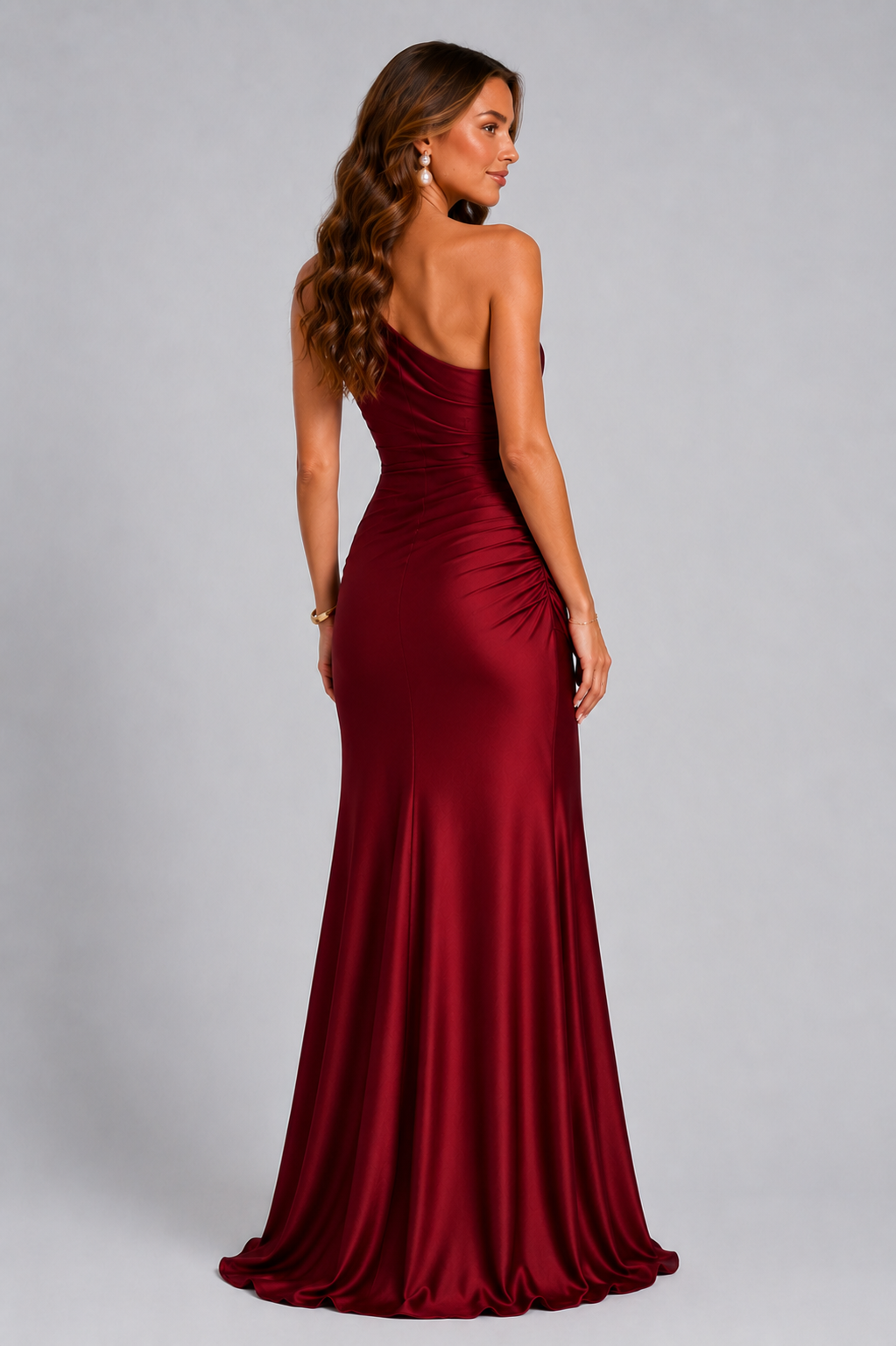 Women's One Shoulder Satin Maxi Dress Ruched Waist Formal Evening Gown