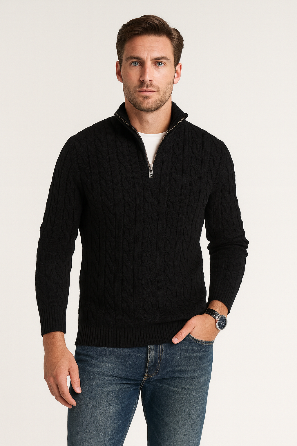 Men's Cable-Knit Half-Zip Sweater with High Collar