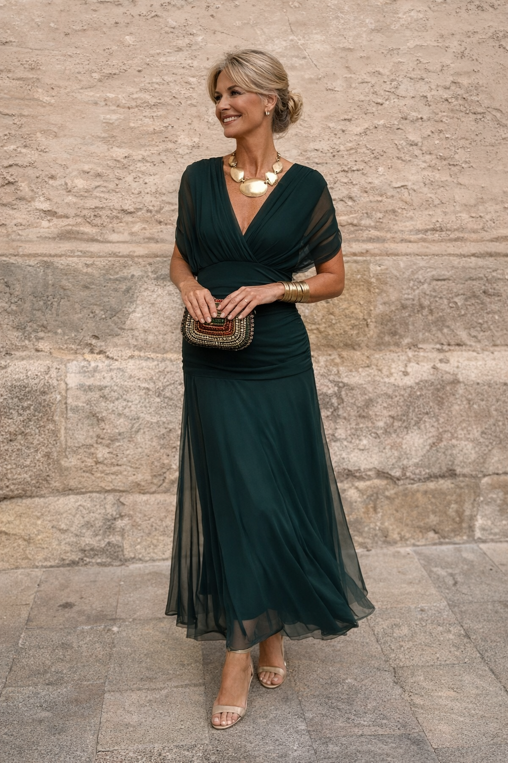 Women's Chiffon Maxi Dress V-Neck Short Sleeve Ruched Flowy Evening