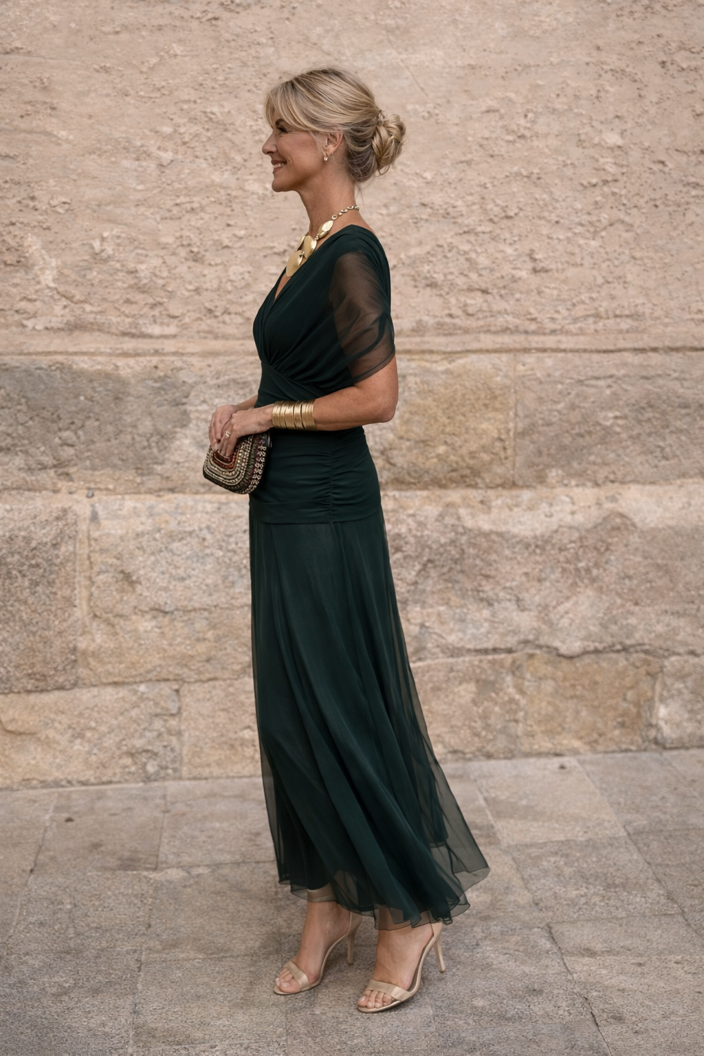 Women's Chiffon Maxi Dress V-Neck Short Sleeve Ruched Flowy Evening