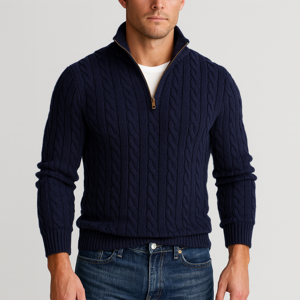 Men's Cable-Knit Half-Zip Sweater with High Collar