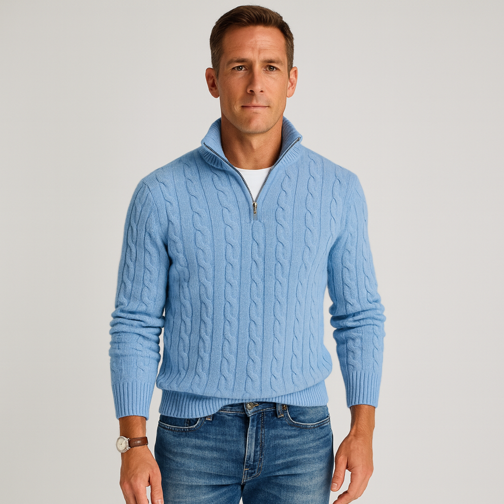 Men's Cable-Knit Half-Zip Sweater with High Collar