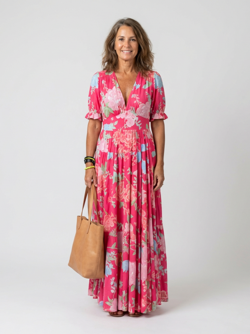 Women's Floral Maxi Dress V-Neck Short Sleeve Tiered Beach Summer