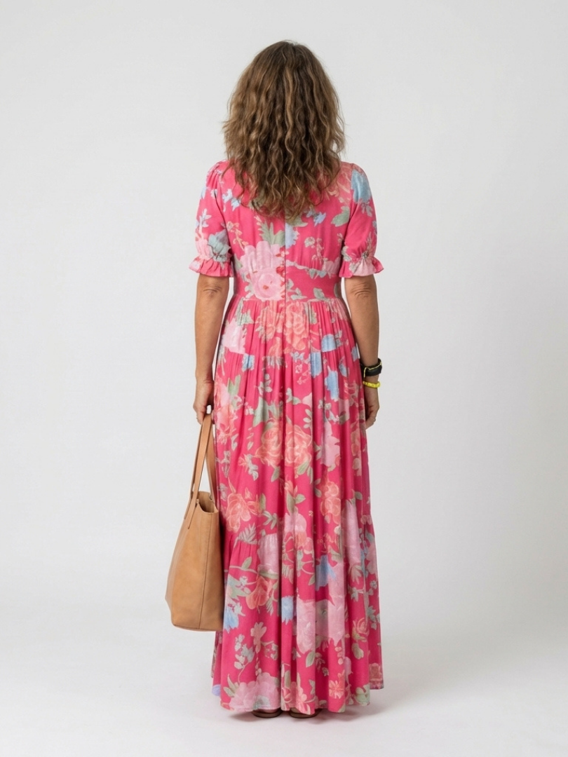Women's Floral Maxi Dress V-Neck Short Sleeve Tiered Beach Summer