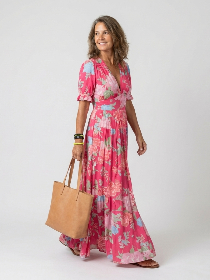 Women's Floral Maxi Dress V-Neck Short Sleeve Tiered Beach Summer