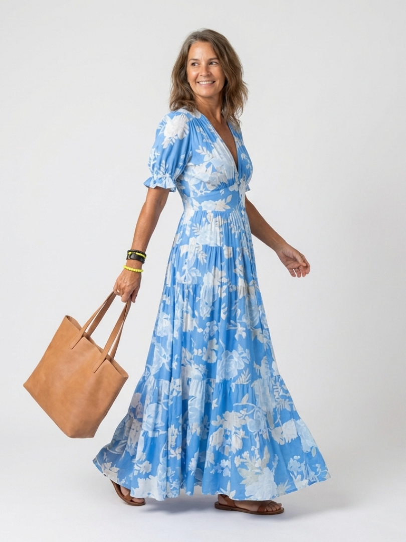 Women's Floral Maxi Dress V-Neck Short Sleeve Tiered Beach Summer