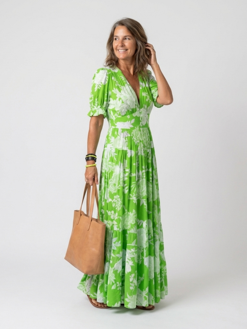 Women's Floral Maxi Dress V-Neck Short Sleeve Tiered Beach Summer