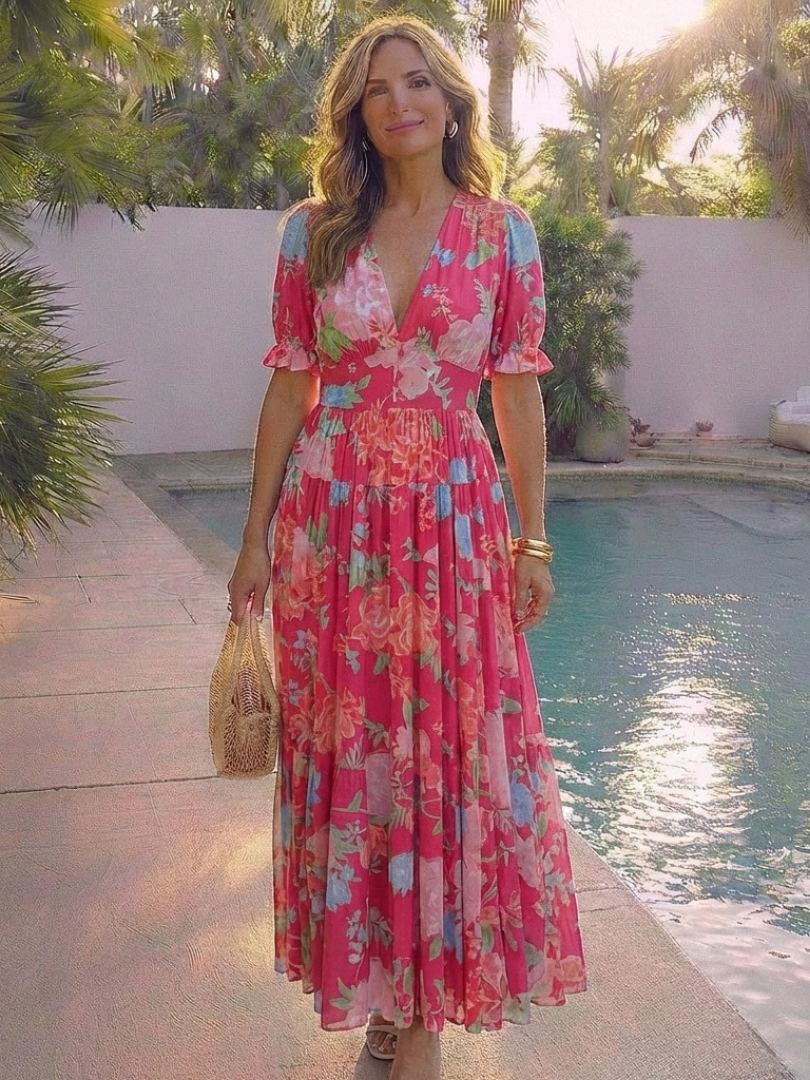 Women's Floral Maxi Dress V-Neck Short Sleeve Tiered Beach Summer