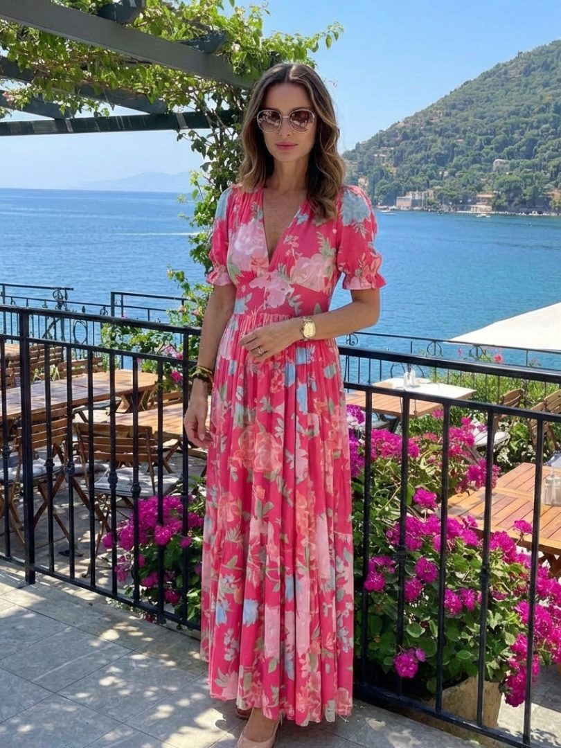 Women's Floral Maxi Dress V-Neck Short Sleeve Tiered Beach Summer