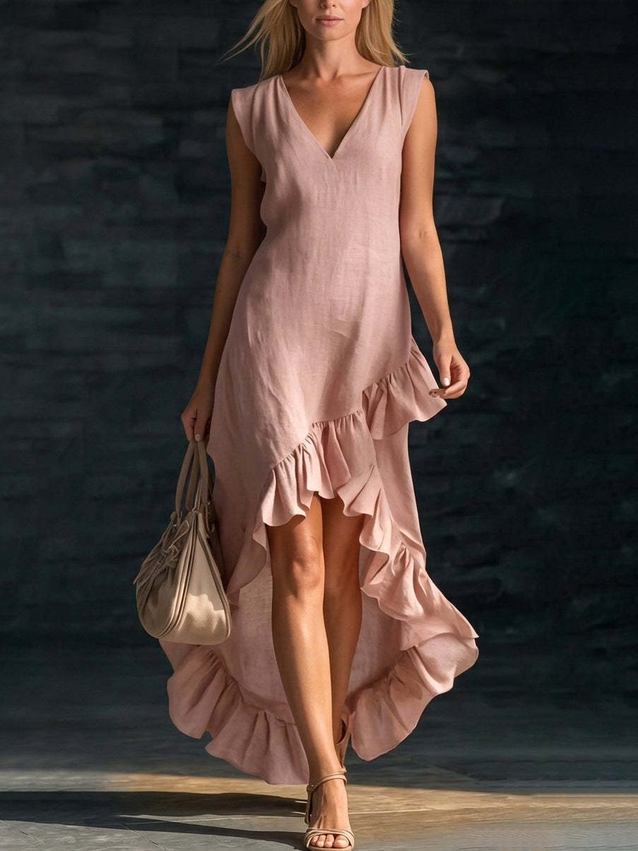 Women's Linen Maxi Dress V-Neck Ruffle Asymmetric Hem Sleeveless Beach