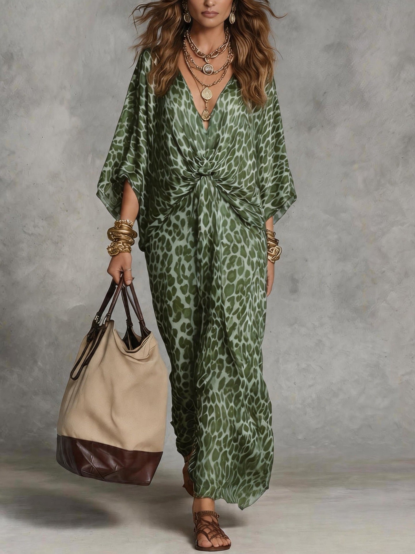Women's Leopard Print Maxi Dress V-Neck Twist Front Batwing Sleeve Beach