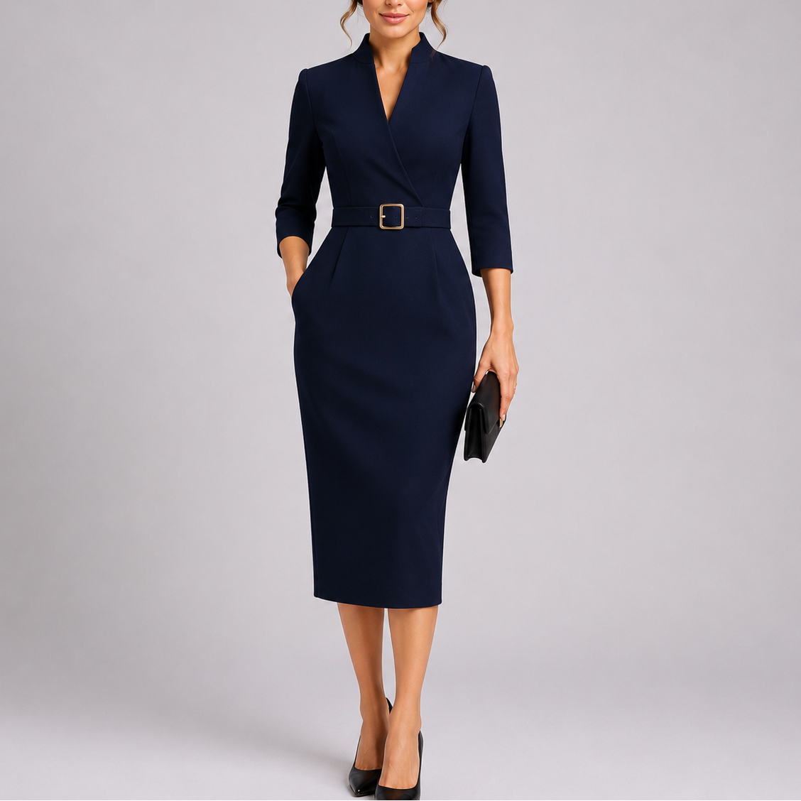 Women's Belted Midi Dress V-Neck 3/4 Sleeve Bodycon Pencil Office Workwear