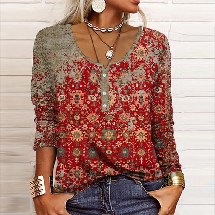 Zara | Women's Boho Print Long Sleeve Top V-Neck Henley Blouse