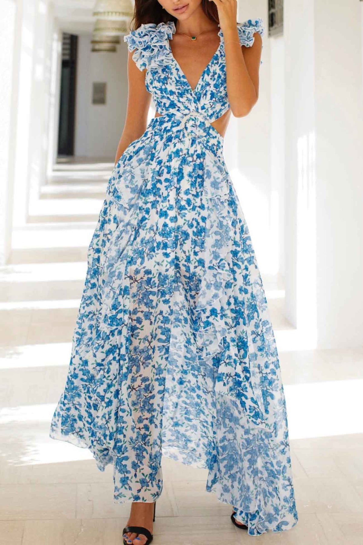 Cherry – Ruffle Sleeve Cut-Out Maxi Dress