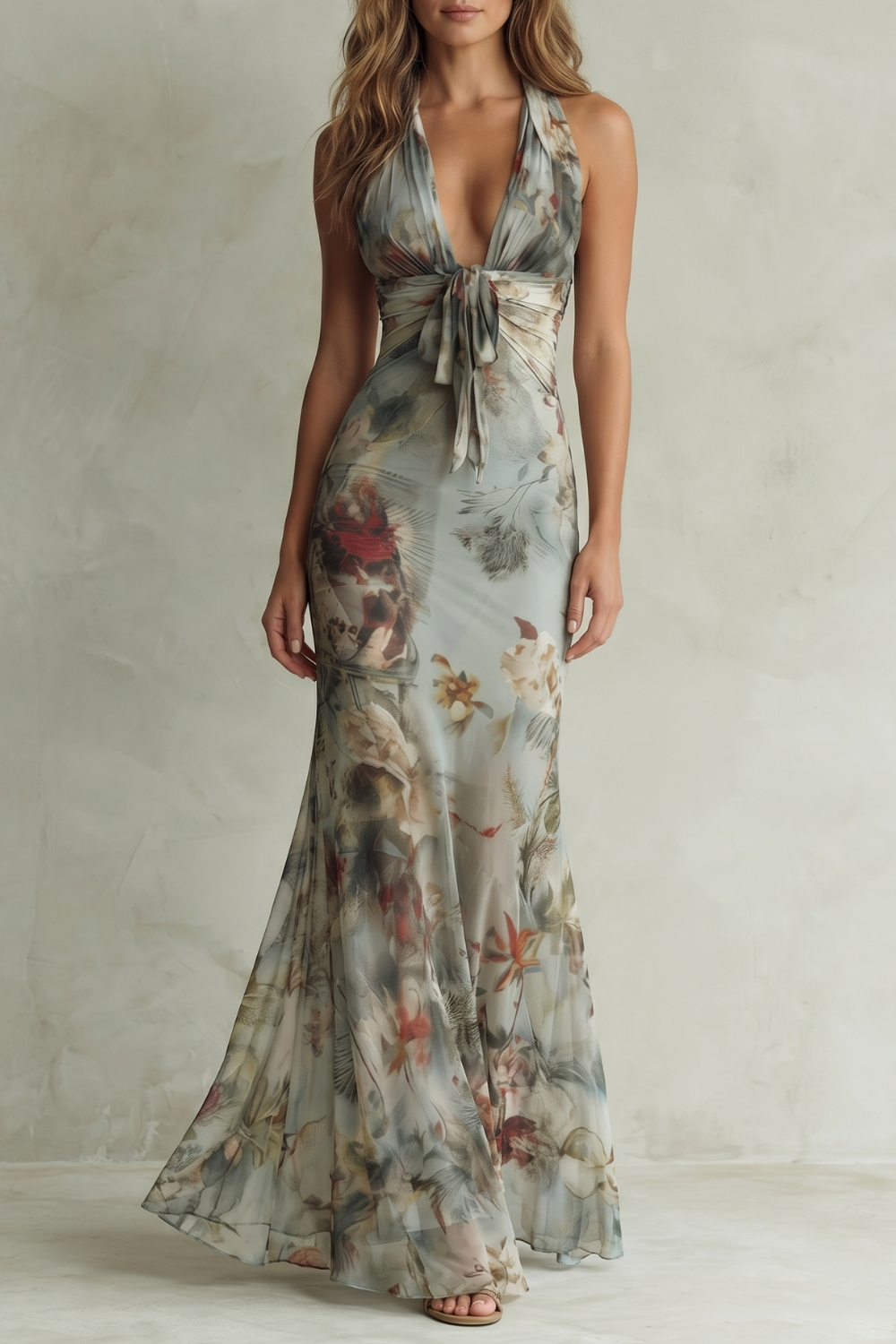 Women's Floral Maxi Dress V-Neck Halter Backless Chiffon Bodycon Evening Gown