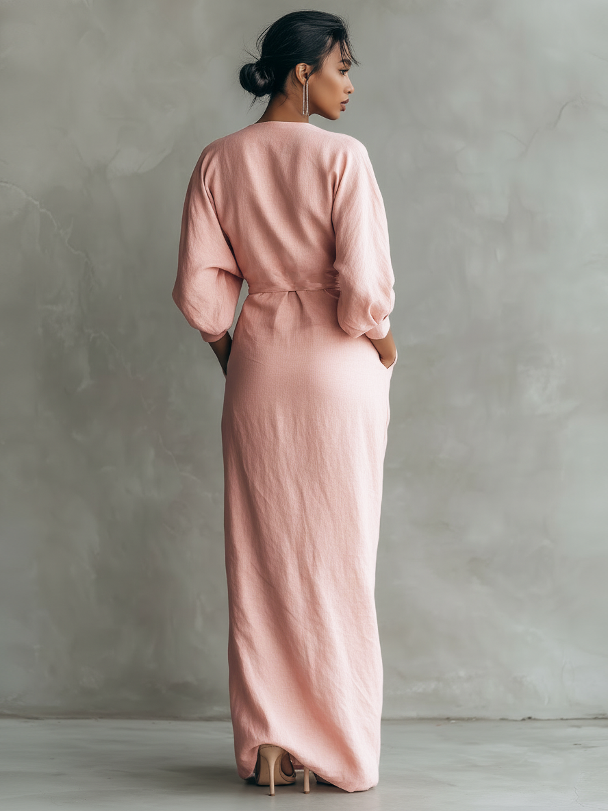 Women's Linen Wrap Maxi Dress V-Neck Long Sleeve High Slit Draped