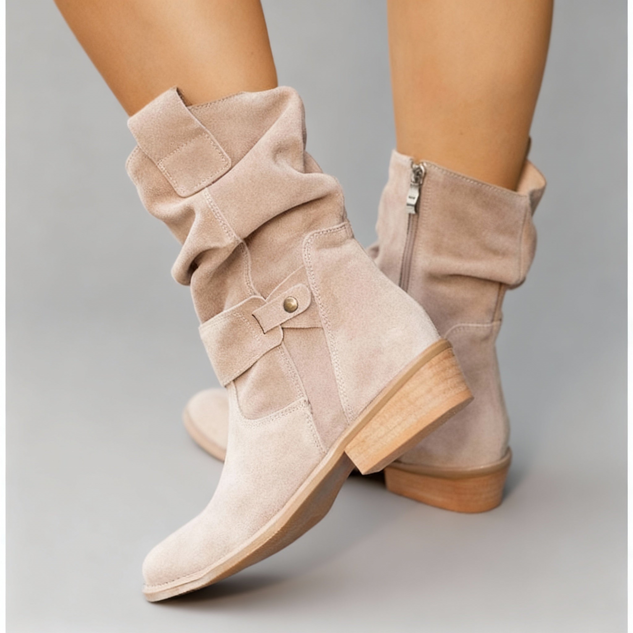 Elegant slouchy mid-calf block heel boots