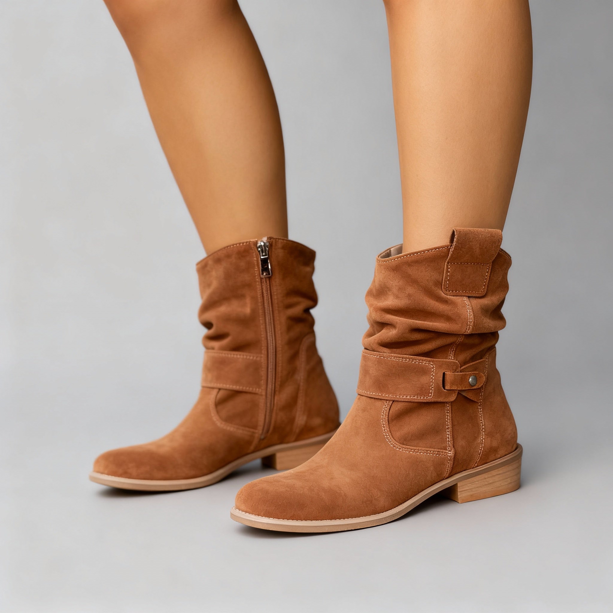 Elegant slouchy mid-calf block heel boots
