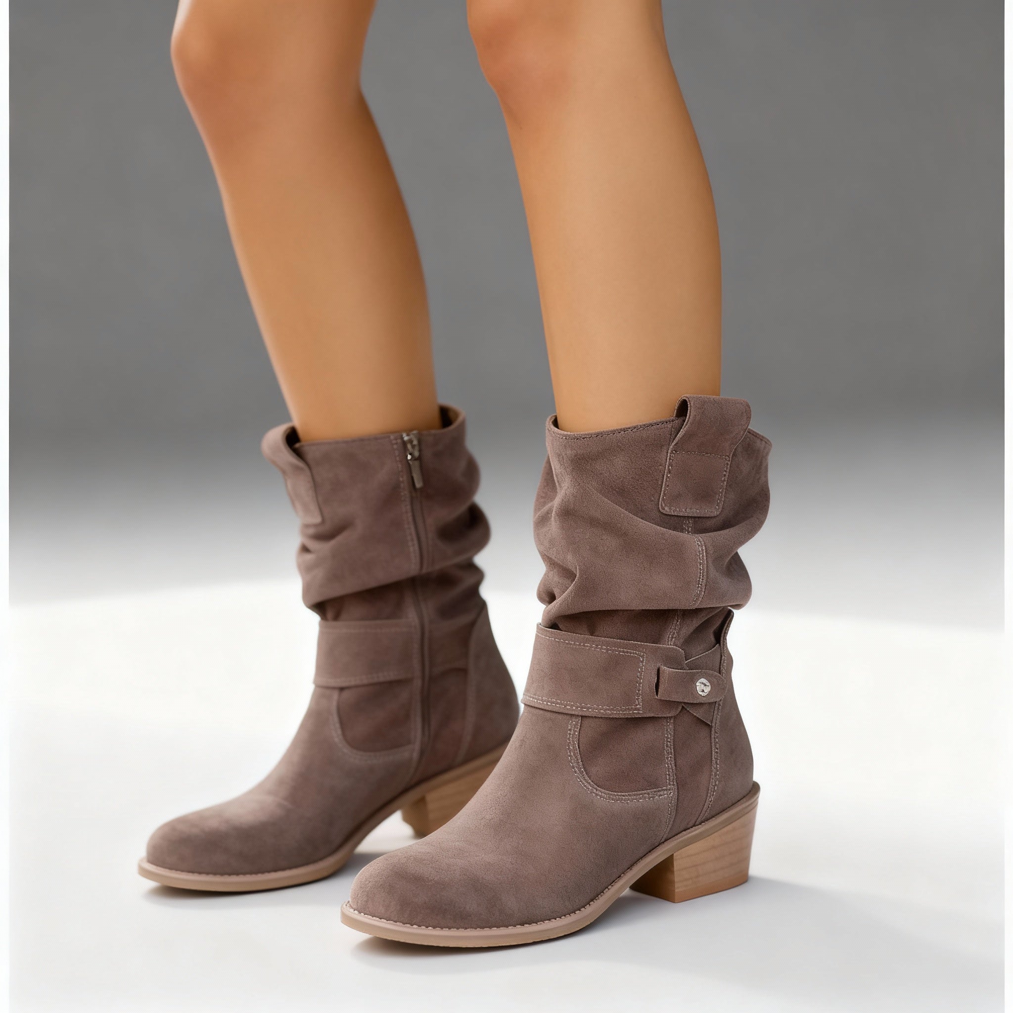 Elegant slouchy mid-calf block heel boots