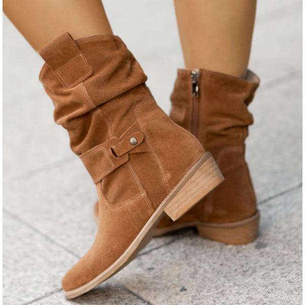 Elegant slouchy mid-calf block heel boots