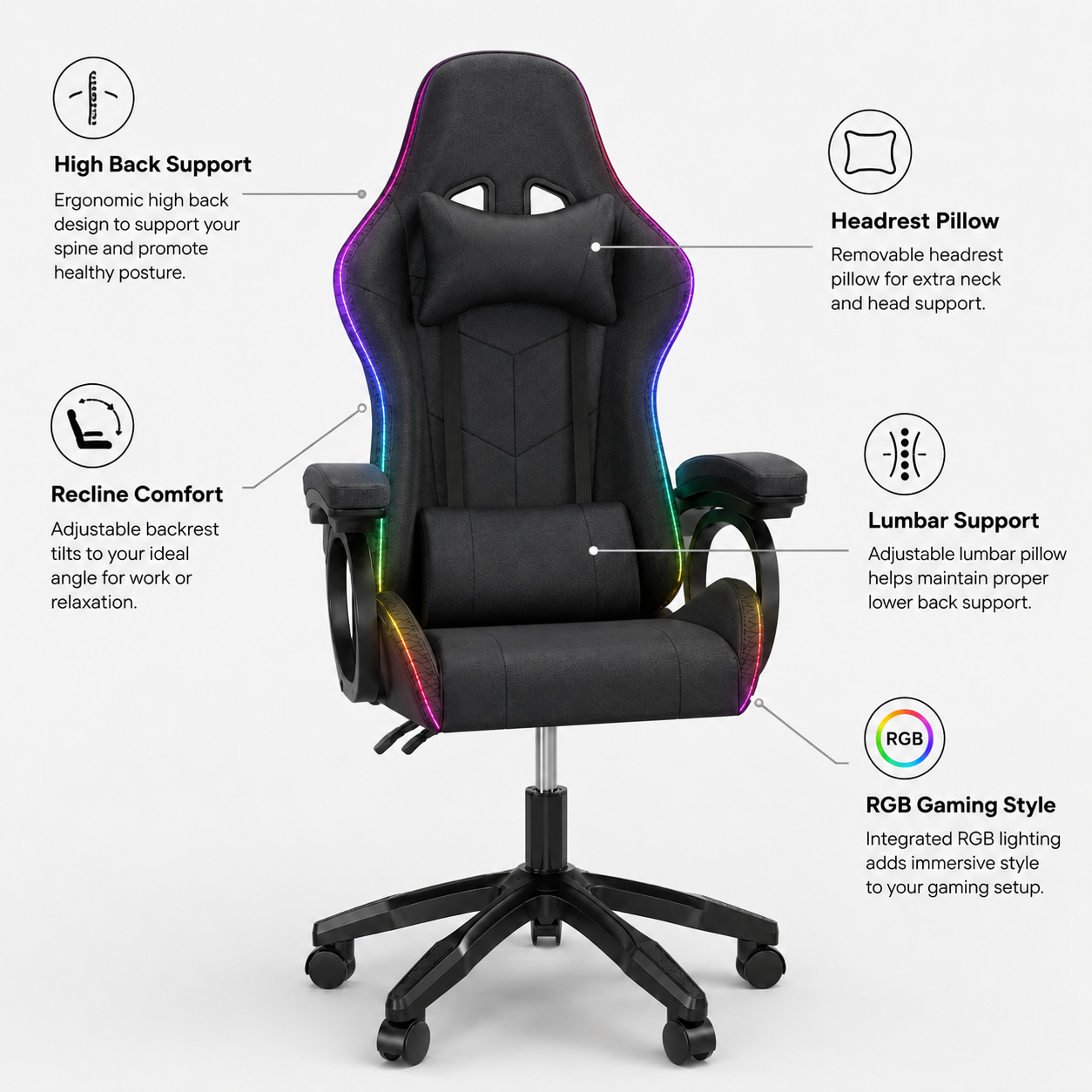 High Back Gaming Chair RGB Recline Headrest Lumbar Support