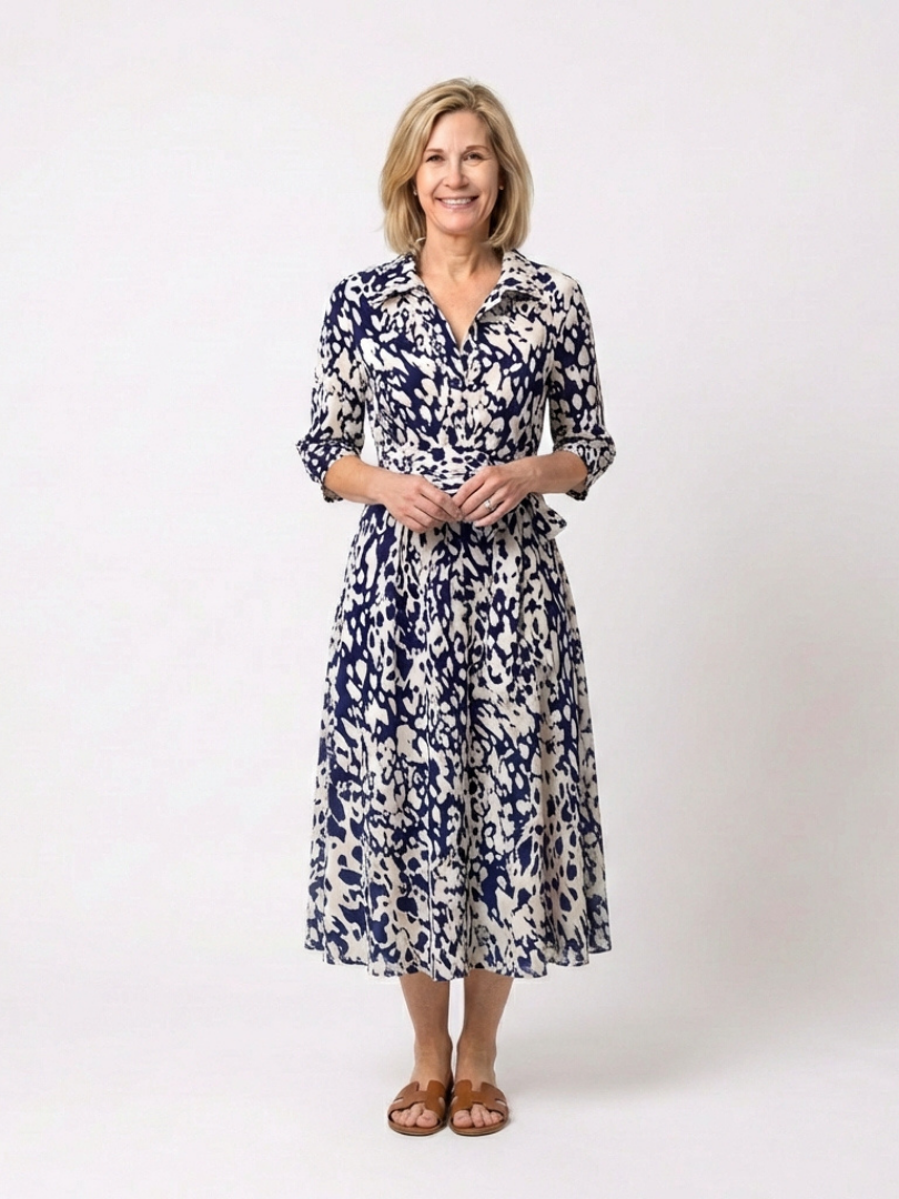 Women's Collared Midi Shirt Dress Long Sleeve Belted Abstract Print Slit Casual