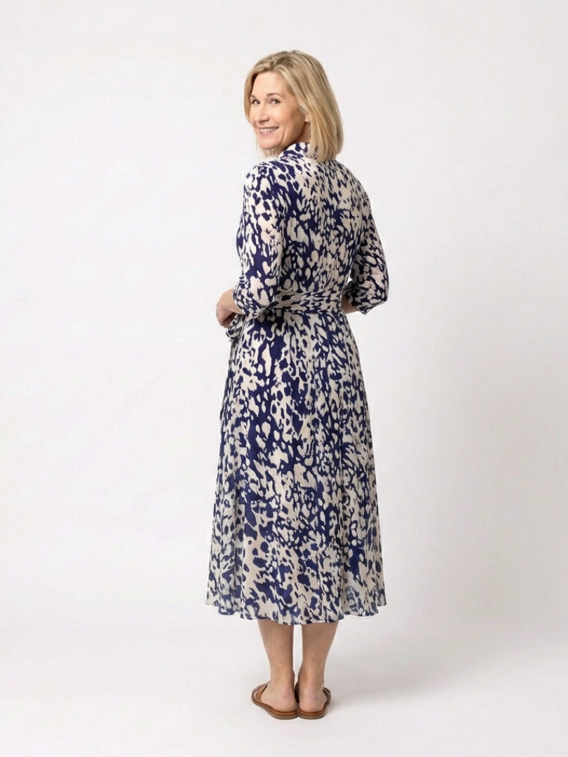 Women's Collared Midi Shirt Dress Long Sleeve Belted Abstract Print Slit Casual