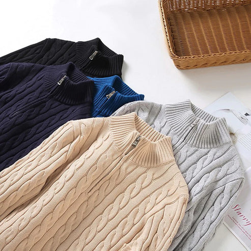 Men's Cable-Knit Half-Zip Sweater with High Collar