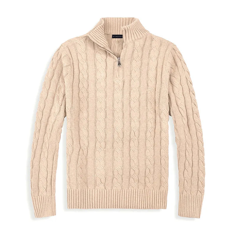 Men's Cable-Knit Half-Zip Sweater with High Collar