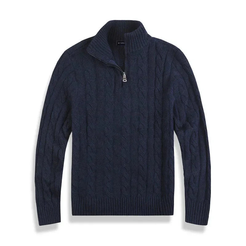 Men's Cable-Knit Half-Zip Sweater with High Collar
