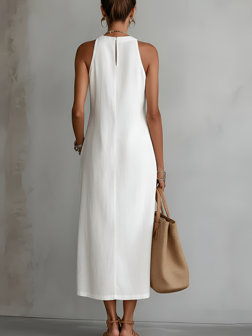 Women's Halter Neck Midi Dress Sleeveless Lace Trim Side Slit Linen-Blend Beach