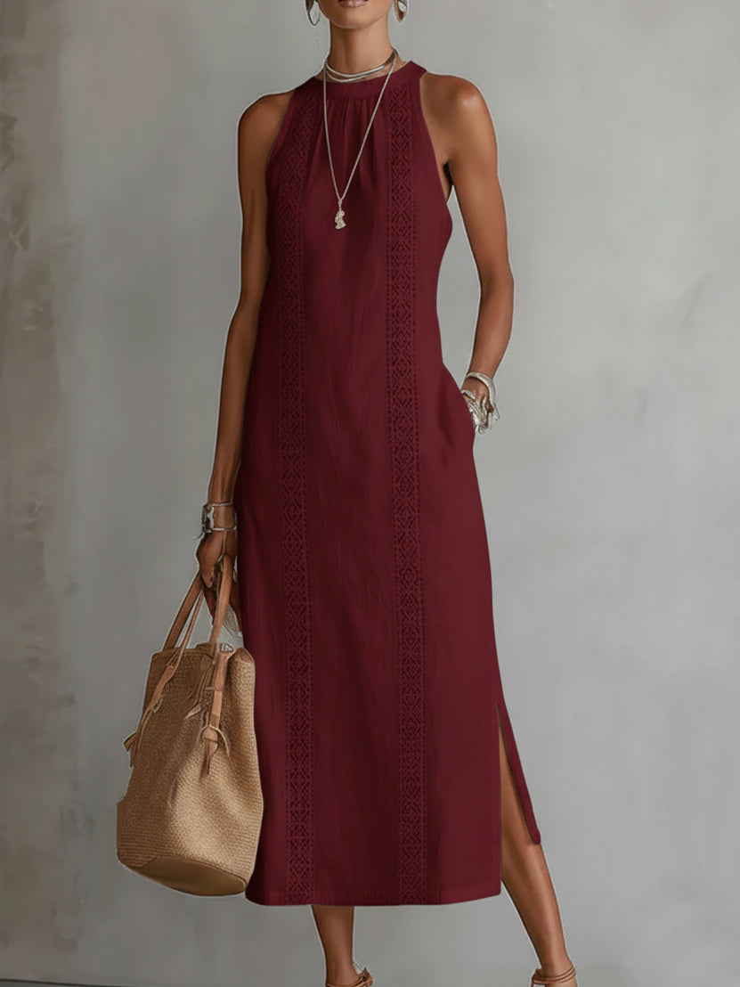 Women's Halter Neck Midi Dress Sleeveless Lace Trim Side Slit Linen-Blend Beach