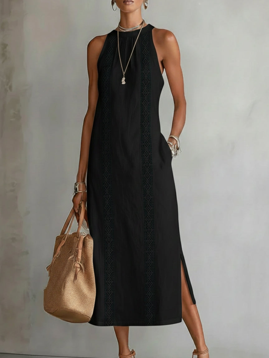 Women's Halter Neck Midi Dress Sleeveless Lace Trim Side Slit Linen-Blend Beach