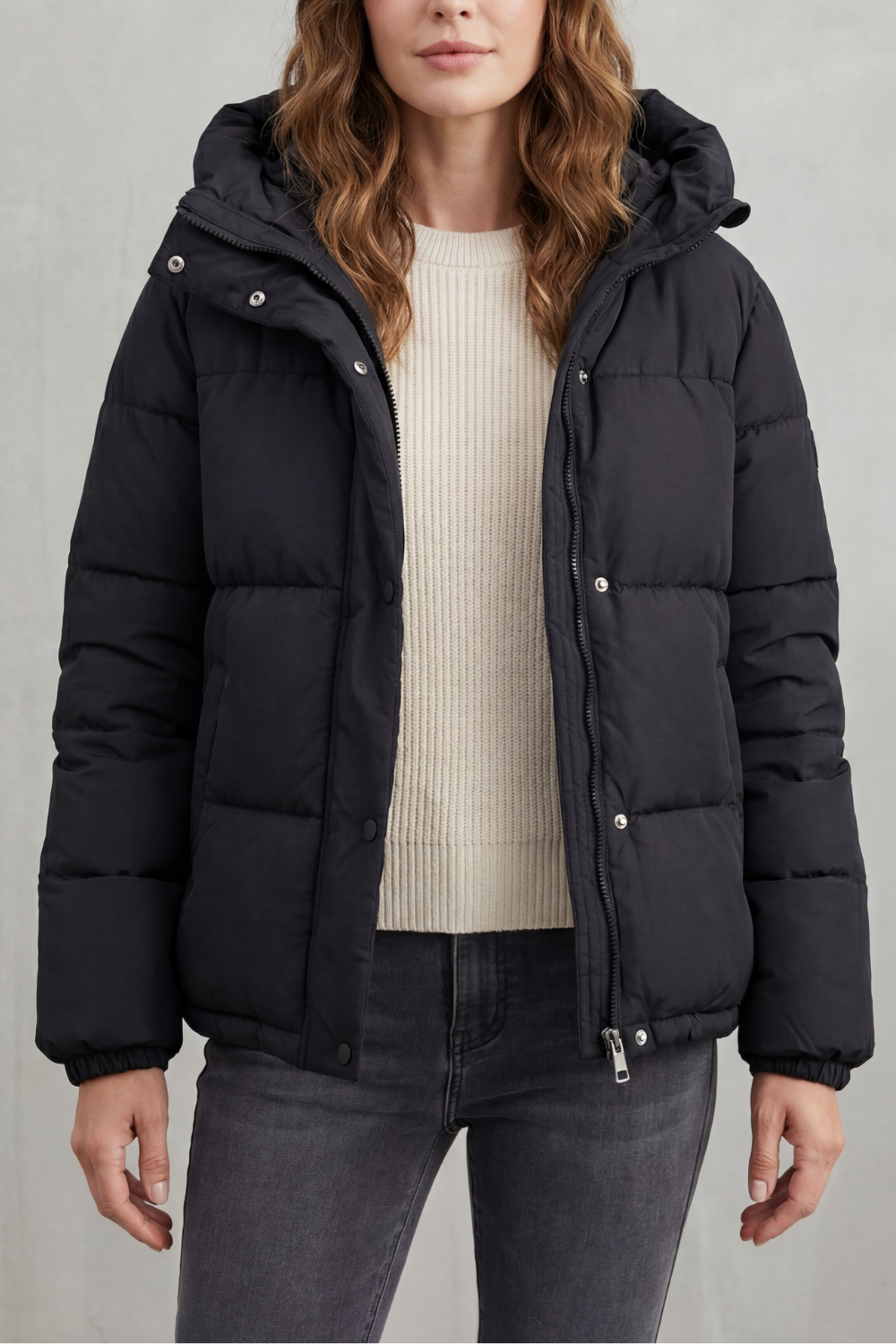 Women's Hooded Puffer Jacket Quilted Zip Up Detachable Hood Coat
