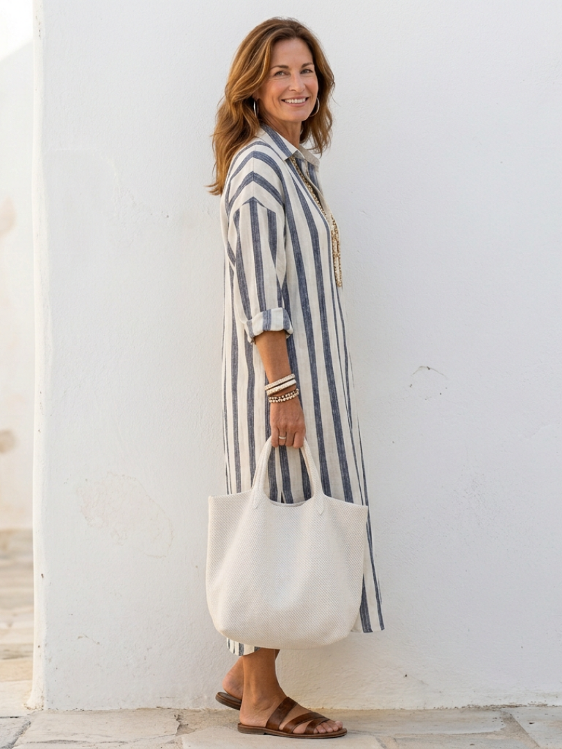 Women's Striped Shirt Dress V-Neck Long Sleeve Collared Midi Beach Casual