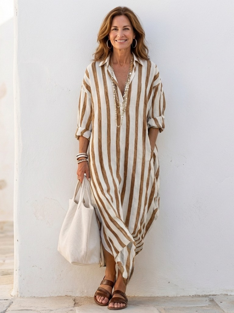 Women's Striped Shirt Dress V-Neck Long Sleeve Collared Midi Beach Casual