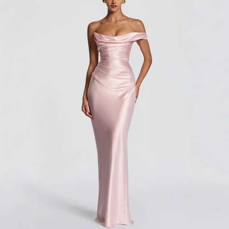 Women's Satin Maxi Dress Off Shoulder Cowl Neck Ruched Bodycon Party Evening Gown