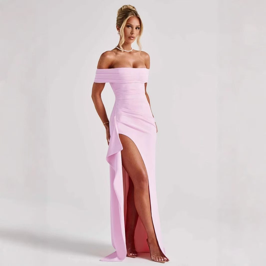 Women's Off Shoulder Maxi Dress High Slit Ruched Bodycon Party Evening Gown