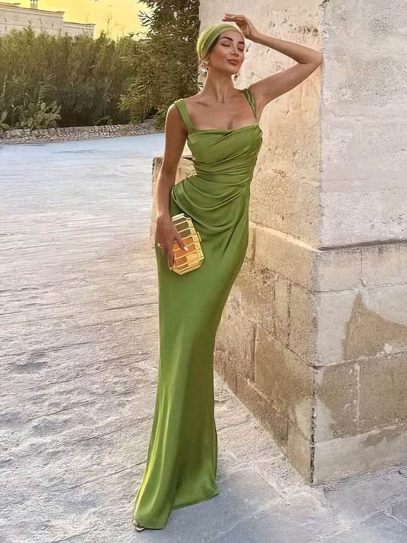 Women's Satin Maxi Dress Square Neck Sleeveless Ruched Backless Bodycon Evening Gown