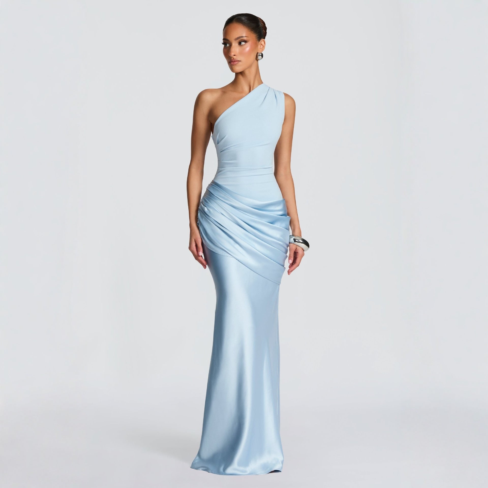 Women's One Shoulder Maxi Dress Ruched Sleeveless Bodycon Slim Fit Evening Party Gown