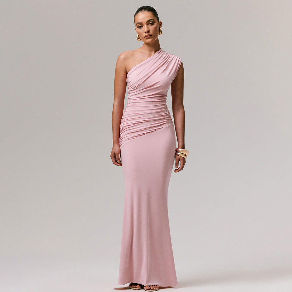 Women's One Shoulder Maxi Dress Sleeveless Ruched Bodycon Fishtail Party Evening Gown