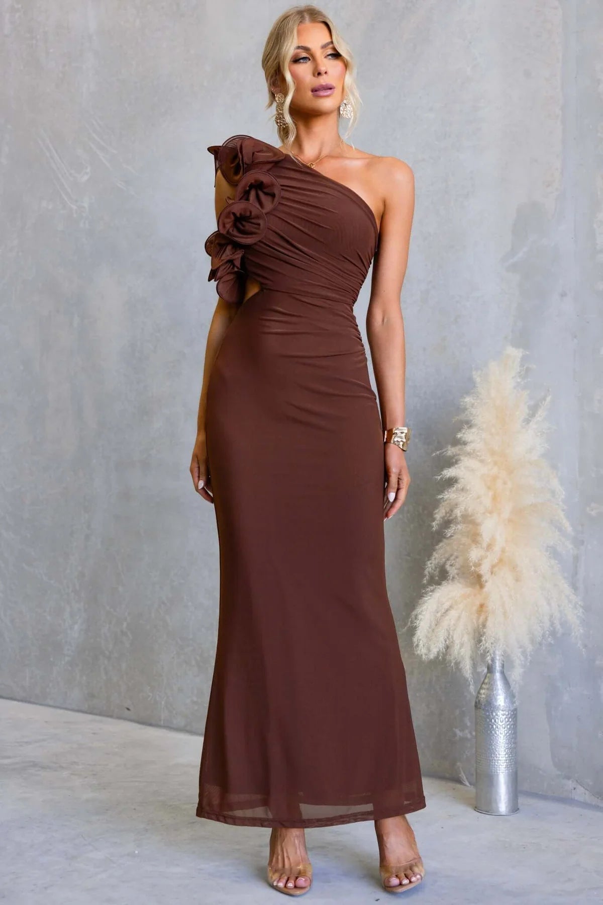 Women's One-Shoulder Maxi Dress Ruffle Cutout Wedding Guest Formal Gown