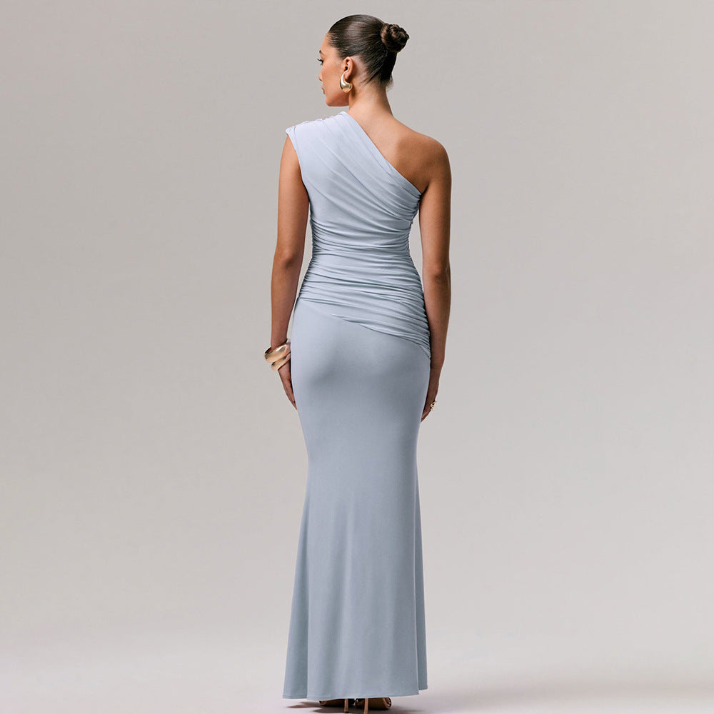 Women's One Shoulder Maxi Dress Sleeveless Ruched Bodycon Fishtail Party Evening Gown