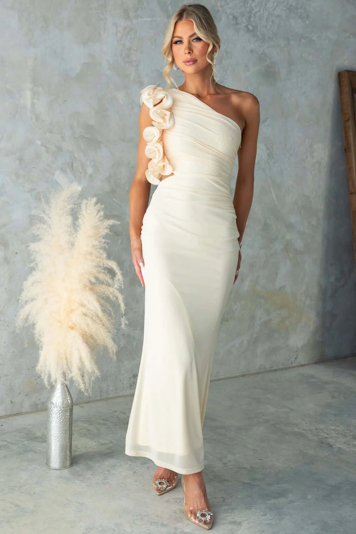 Women's One-Shoulder Maxi Dress Ruffle Cutout Wedding Guest Formal Gown