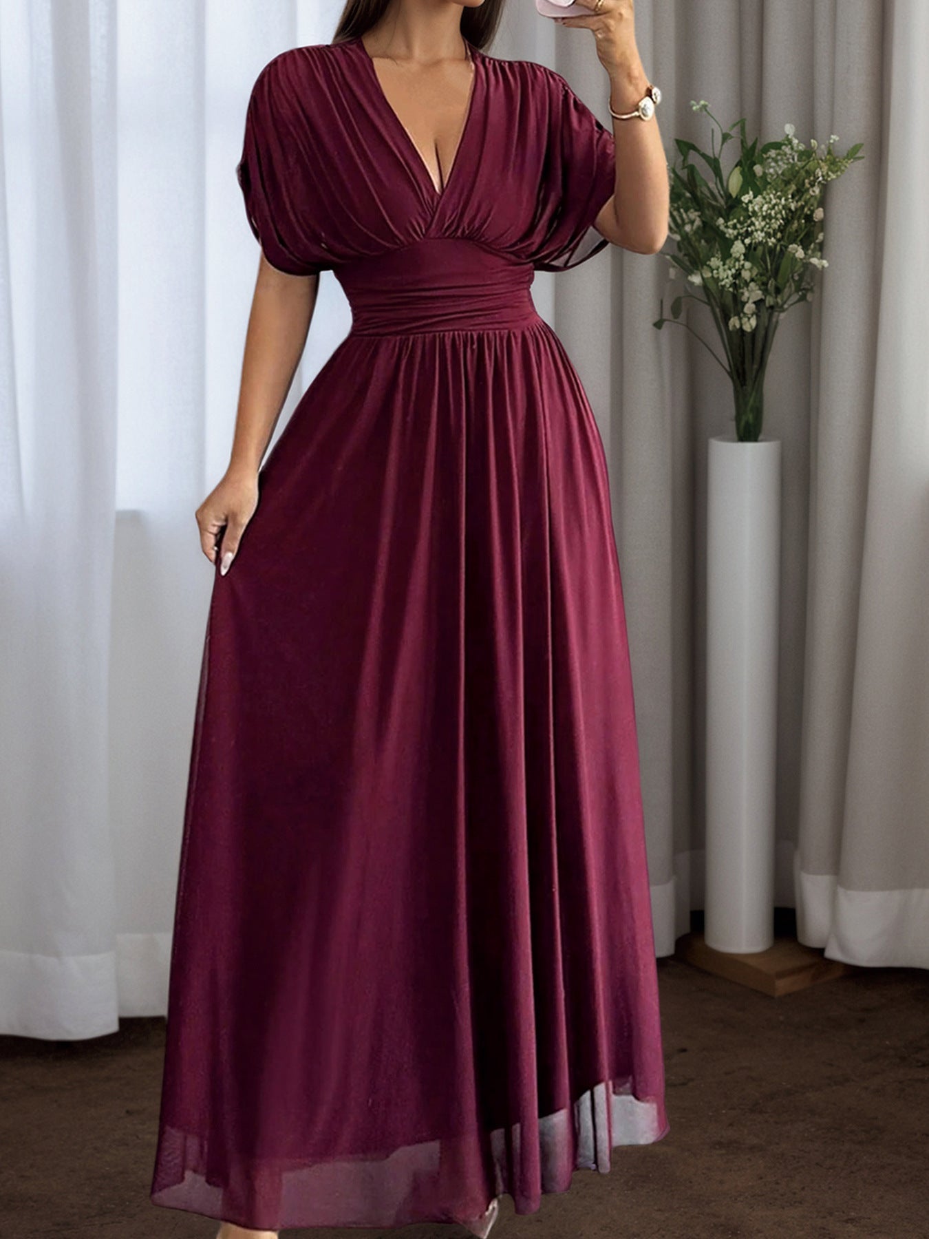 Women's Maxi Dress V-Neck Batwing Short Sleeve Ruched Waist Mesh Overlay A-Line Party