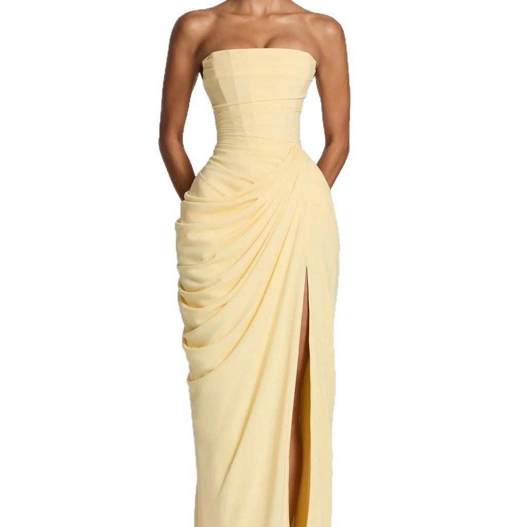 Women's Strapless Maxi Dress Ruched High Slit Sleeveless Bodycon Formal Evening Gown