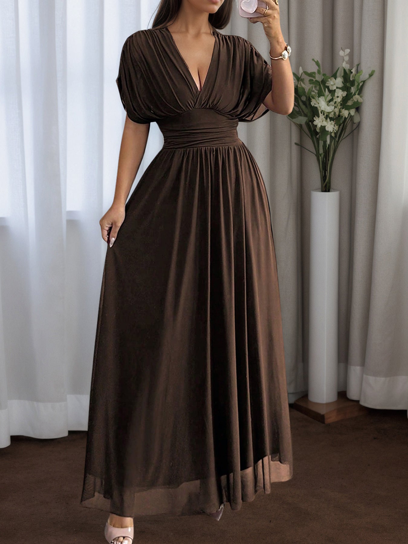 Women's Maxi Dress V-Neck Batwing Short Sleeve Ruched Waist Mesh Overlay A-Line Party