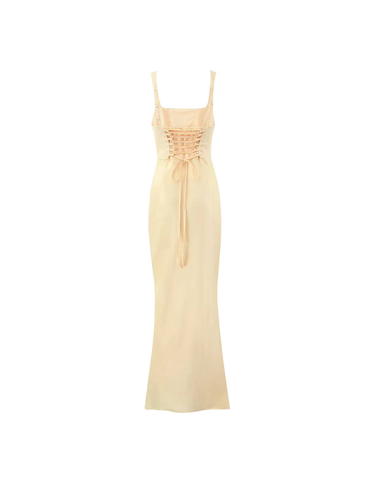 Women's Satin Mermaid Maxi Dress Square Neck Sleeveless Lace-Up Back Ruched Slim Fit Formal Gown