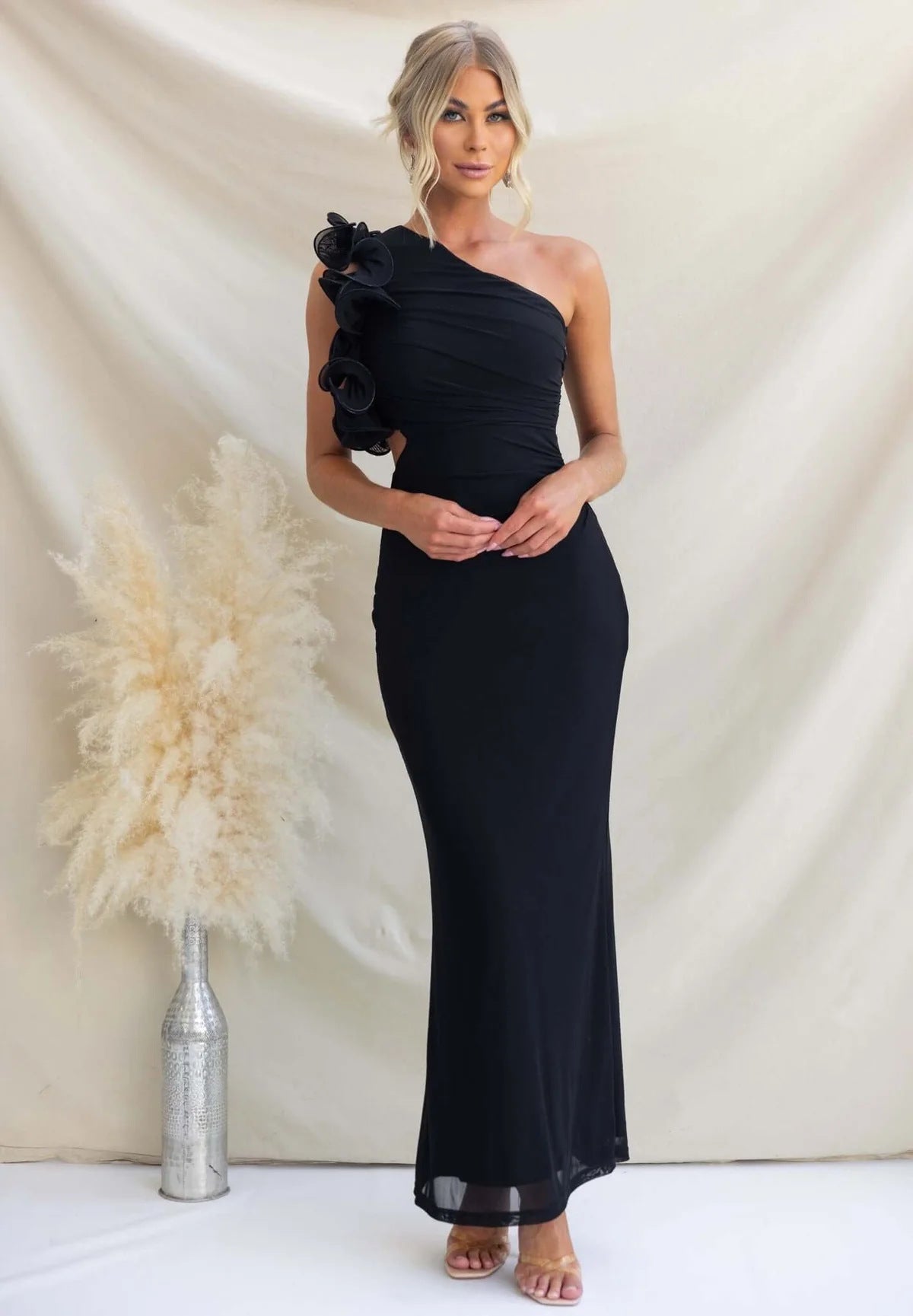 Women's One-Shoulder Maxi Dress Ruffle Cutout Wedding Guest Formal Gown